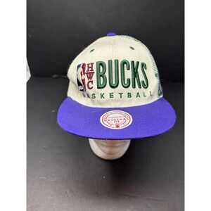 Milwaukee Bucks Mitchell & Ness NBA Snapback Hat Cap 3D Logo White Purple